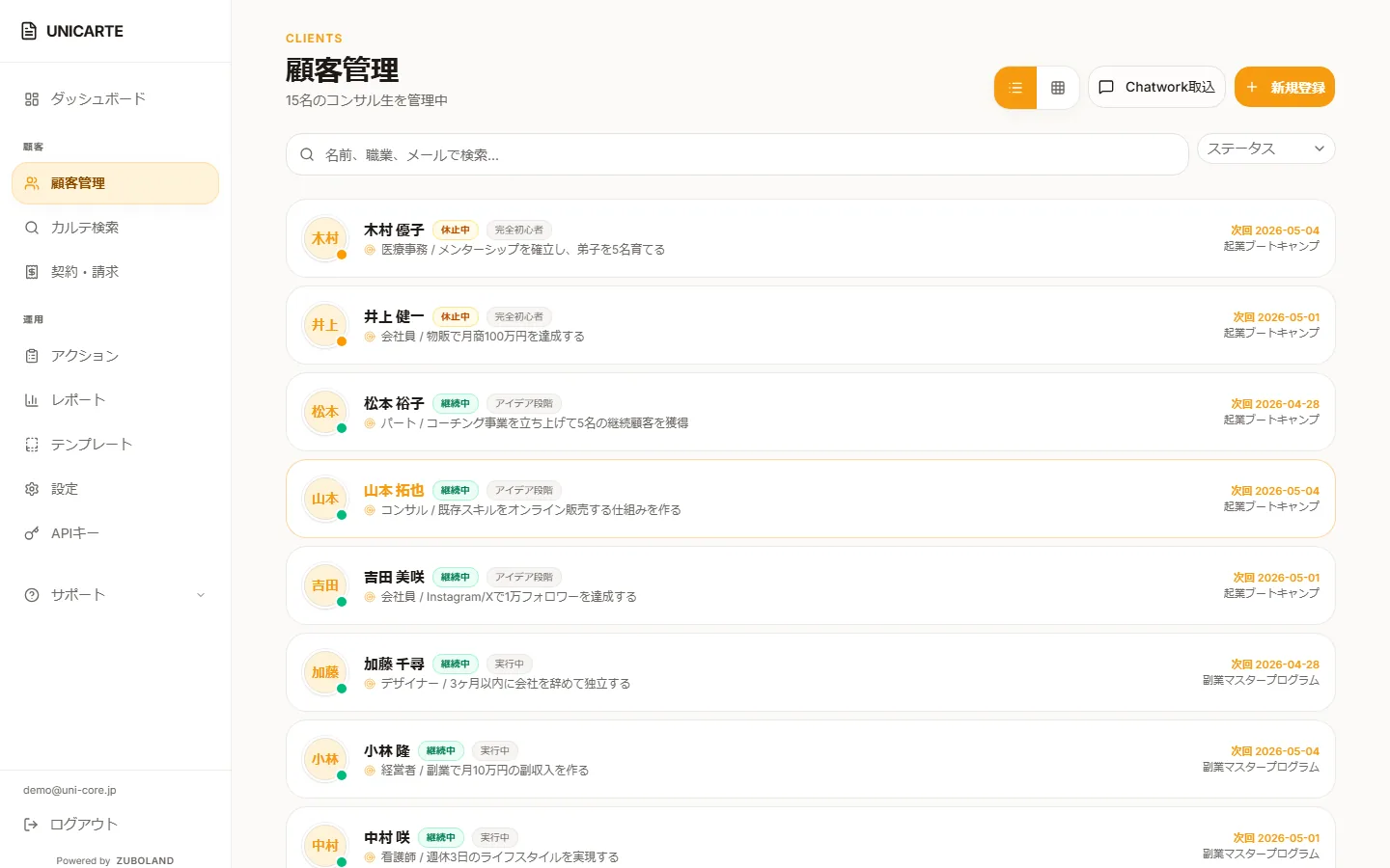 UNICARTEの管理画面。お客様カルテの一覧と面談ログ